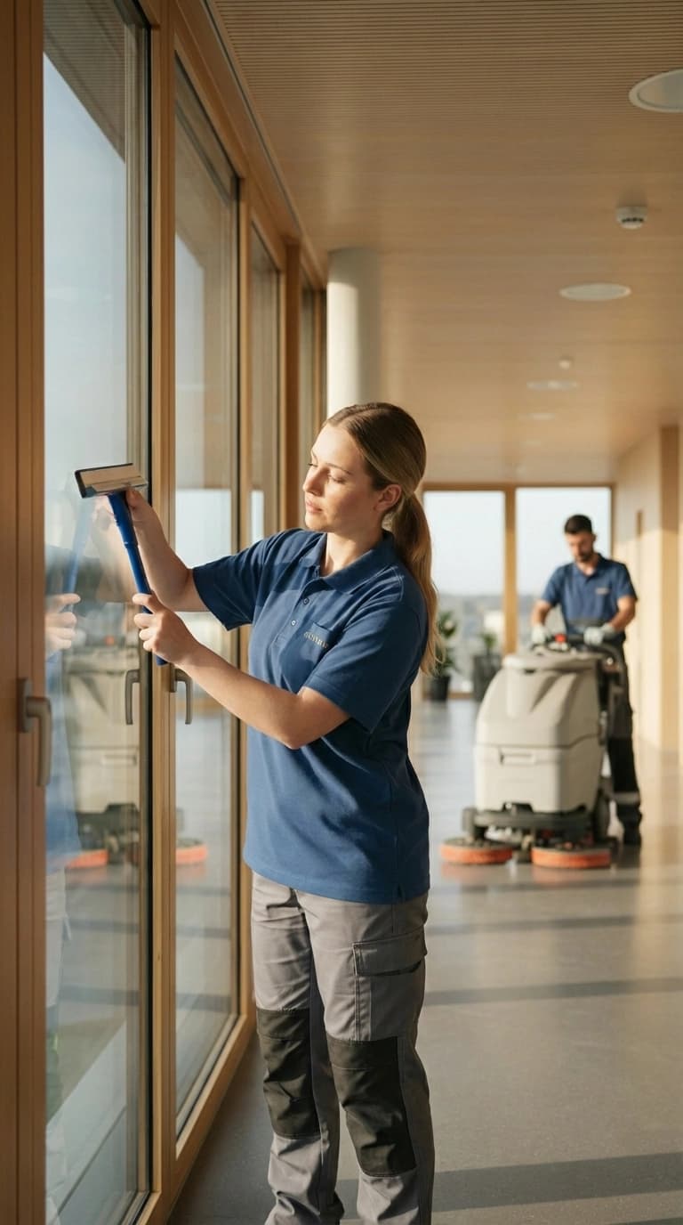 Professionelle Gebäudereinigung - Fenster- und Bodenreinigung in modernem Büro